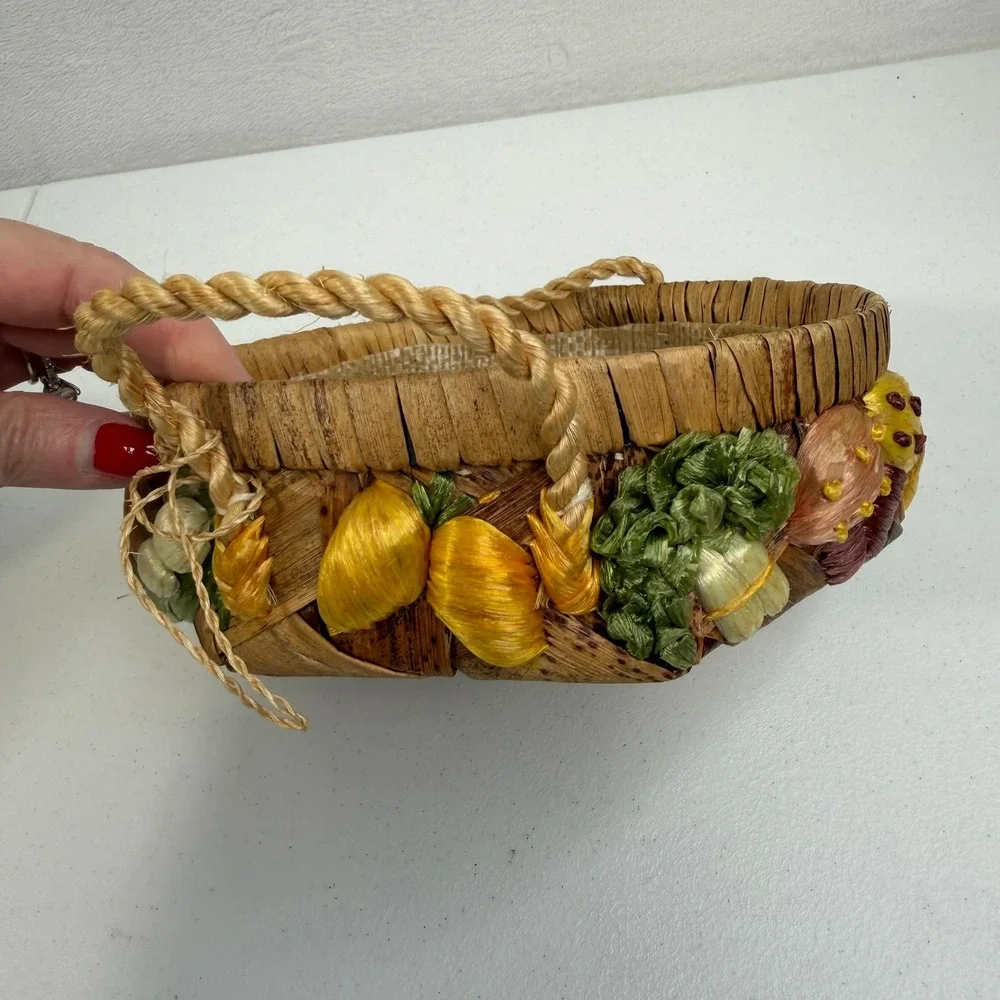 Vintage Woven Straw Basket Mushrooms‎ Vegetable Fruit Raffia Philippines Boho